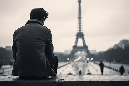 A man sitting in front of the Eiffel Towerの素材