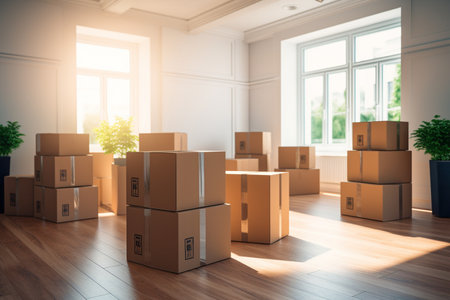 A room filled with boxes and a plantの素材