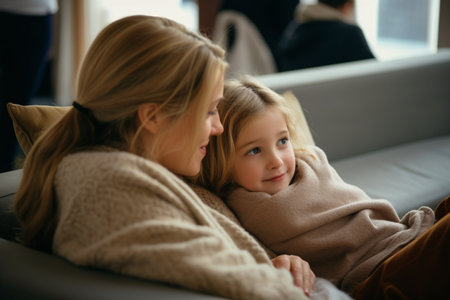 A woman and a little girl sitting on a couchの素材