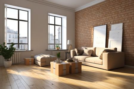 A living room filled with furniture and a brick wallの素材