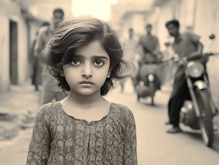 A young girl standing in the middle of a streetの素材