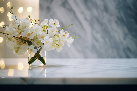 A vase filled with white flowers on top of a tableの素材