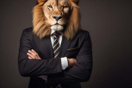 A man in a suit with a lion's head on his headの素材