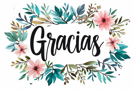 The word gracias surrounded by flowers and leavesの素材