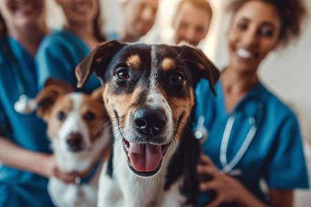 A group of women standing next to a dogの素材