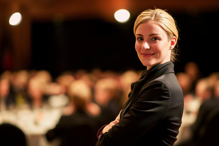 A woman standing in front of a crowd of peopleの素材