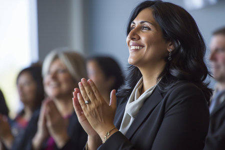 A woman in a business suit clappingの素材