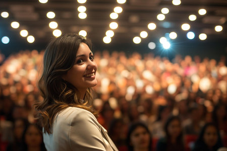 A woman standing in front of a crowd of peopleの素材