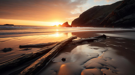 An evocative image ideal for travel magazines, nature blogs, or wall art for those who appreciate the serene beauty of coastal landscapes | This image presents a tranquil sunset scene at a secluded beach, where the sun bids farewell in a warm, golden glow. The harmony of elements captures the eye: the gentle waves of the ocean caress the shores, the wet sand reflects the sun's dying light, and the intricate patterns left by water movement add to the scene's depth. Driftwood anchors the foreground, telling a story of journeys across the seas, adding a rugged contrast to the smooth, reflective sand. The cliffs on the right provide a sense of solitude and protection, shielding this little paradise from the outside world. The carefully composed photograph balances the elements to create a soothing symphony of natural beautyâthe sun's position between the rocks creates a perfect visual anchor, guiding the viewer's gaze across the composition. The orange hues of the sun's light contrast starkly with the cool blue of the sea, perfectly encapsulating the duality of fire and water | This image is suited for contemplative material focusing on the peacefulness of nature, environmental conservation brochures, or as a backdrop for poetic quotes about life's ebb and flow. Ideal for advertisers promoting eco-friendly coastal retreats or for those wishing to offer a slice of tranquility in their residential or commercial spaces | A striking photo of a beach at sunset with contrasting elements of rugged driftwood and smooth sand textures, captured in a moment of stillness that offers both visual and emotional appeal, with ample negative space perfect for additional design elementsの素材