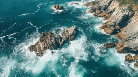 A commanding image that is a natural fit for travel brochures, environmental conservation campaigns, or scenic wall art | The photograph boasts an aerial view that showcases the dynamic interaction between the relentless turquoise waves and the stoic, rugged coastline. The relentless white foam from the crashing waves crowns the deep blue of the ocean, creating a vivid contrast against the earth-toned cliffs and rocks that jut out into the sea. The sunlight enriches the scene, casting illuminating reflections on the water and highlighting the varied textures from the smooth sea surface to the rough, weather-beaten cliffs. This portrayal of nature's untamed beauty encapsulates the power of the ocean and the enduring strength of the coastline. The image invites viewers to contemplate the majesty of untouched landscapes and the overwhelming sense of scale when confronted with nature's wonders | A highly adaptable image, suitable for inclusion in educational materials focusing on geography or natural phenomena, as a captivating backdrop in travel and adventure websites, or for use in visual storytelling in nature documentaries. It can also serve as a thought-provoking addition to environmental advocacy materials, encouraging the preservation of natural habitats | an overhead photo capturing the interaction between a rugged coastline and the azure waves of the ocean, marked by the contrast of colors and textures, with optimal daylight contributing to the depth of the scene, and with plenty of space for textual or graphic elementsの素材