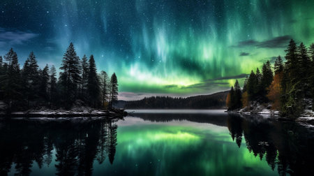 An awe-inspiring image ideal for publications on natural wonders, travel guides, or for instilling tranquility in any space | This image showcases the majestic aurora borealis, or Northern Lights, as they dance across the night sky, with stunning shades of green and blue that create a visual symphony over a calm forest lake. The ethereal lights cast a vibrant reflection on the lake's glassy surface, mirroring the cosmic display above and emphasizing the harmony between sky and water. The silhouette of the coniferous forest adds a layer of depth and contrast to the composition, with snow lightly dusting the trees to hint at the cold but mesmerizing environment in which this phenomenon occurs. The stars peppered across the night sky further enhance the feeling of looking into the vastness of the universe, evoking a sense of wonder and contemplation. The immaculate detail captured in the night sky and its reflection makes this photograph a testament to the beauty of nature and the captivating allure of one of the world's most spectacular natural events | Perfect for creating a focal point in an environmental conservation campaign, as an inspiring backdrop or feature in digital and print media that focuses on nature and exploration, or as an enchanting visual piece for educational materials about astronomical wonders and natural phenomena. Travel agencies could also use this image effectively to promote unique travel experiences that include viewing the Northern Lights | an enchanting photo capturing the Northern Lights and their reflection over a forest lake at night, surrounded by snowy trees under a starlit sky, producing a serene and mesmerizing atmosphere with high-quality detail and a broad color paletteの素材