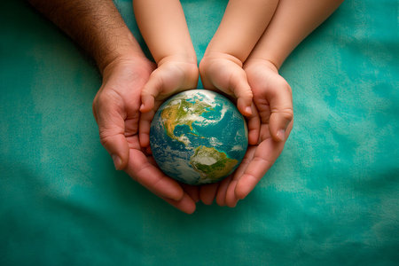 A compelling image well-suited for environmental campaigns, educational content, or as symbolic art for sustainability-focused initiatives | This photograph delivers a powerful message of responsibility and care for our planet through the tender gesture of human hands cradling a miniature globe. The adult's larger, rougher hand pairs with the smaller, delicate hand of a child, uniting generations in a shared commitment to environmental preservation. The brightly colored Earth, with its intricate details and realistic continents, stands out against the homogenous teal background, creating a sense of focus on the fragility and beauty of our world. The image is rich in symbolism, celebrating the preciousness of our planet as a collective responsibility that transcends age. The soft ambient lighting casts gentle shadows and accentuates the globe's spherical shape, adding depth and a tactile quality to the composition. The hands serve as a cradle, suggesting protection and nurturing while evoking feelings of hope and unity in the face of global challenges | Ideal for use in materials aimed at raising awareness about climate change and conservation, as part of visual storytelling in philanthropic efforts, or to convey a message of hope and solidarity in educational settings. This image could also enhance eco-friendly product advertisements or serve as an inspiring visual metaphor in corporate social responsibility reports | a carefully composed photo depicting hands cupping a small globe, conveying themes of protection and intergenerational responsibility under subdued lighting, which emphasizes the symbolism and encourages reflection and engagementの素材