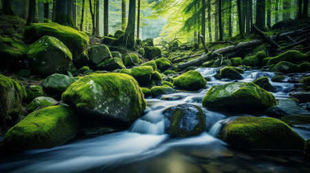 A serene and enchanting landscape photo, ideal for nature and travel publications, environmental awareness content, or as a calming addition to any natural-themed space | This image exquisitely captures the tranquil beauty of a forest stream, bordered by time-weathered, moss-covered stones that exude a sense of ancient peace. The lush green of the moss contrasts with the dark, wet stones and provides a vibrant texture that seems to whisper tales of the forest's timeless magic. The long exposure of the water creates a silky, ethereal effect, blurring the motion of the stream into a fog-like flow. The forest in the background, bathed in a diffuse, soft light filtering through the canopy, enhances the dreamlike quality of the scene, inviting the viewer to pause and reflect on the natural world's quiet grandeur | Perfect for environmental conservation campaigns, as an immersive background for relaxation and meditation apps, or as a print for those looking to bring the soothing essence of nature into their living or work environments. The photograph also lends itself beautifully to educational materials about ecosystems or as a focal image in a storytelling piece about the resilience and beauty of untouched landscapes | a vivid photographic depiction of a peaceful forest stream, with mossy stones and a dreamlike atmosphere created by a soft light and fluid water motion, that provides a rich visual experience celebrating the tranquility and majesty of natureの素材