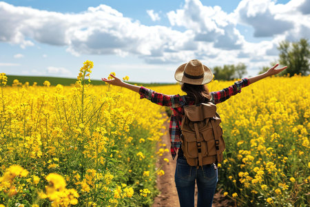 A quintessential image for travel blogs, wellness lifestyle features, or as emotive environmental campaign material | This photo exudes a sense of freedom and connection with nature, capturing a solitary figure in mid-celebration of the great outdoors. A woman, viewed from behind, stands amidst the bright yellow blossoms of a canola field, her arms wide open in a gesture of joy and embrace. Donning a straw hat and a plaid shirt paired with jeans and a backpack, she embodies the essence of an adventurer exploring the rural landscape. The brilliant blue sky spotted with soft white clouds forms a majestic backdrop, with the slight underexposure of the subject spotlighting the vibrancy of the surrounding flowers. The clarity of the image showcases the detail in the canola flowers, highlighting their vivid color and creating a striking contrast with the blue of the sky. The trail leading through the flowers invites the viewer to join in the journey, symbolizing the path of exploration and the beauty of unplanned adventures | Ideal for use in travel and leisure communications promoting outdoor activities, for environmental organizations fostering engagement with nature, or as dynamic visuals in wellness and mental health resources to depict the therapeutic benefits of spending time outdoors. Additionally, the photograph can be used by clothing and outdoor gear brands for advertising, serving as an inspiring scene for their target audience | a scenic photo of a person in a canola field with arms outstretched, against a background of blue sky and fluffy clouds, embodying a love for adventure and the beauty of nature's landscapes, with space for textual or graphical additionsの素材