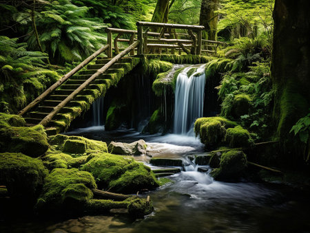 A tranquil scene ideal for nature magazines, environmental blog posts, or wall art for spaces dedicated to relaxation and reflection | This striking image features a serene waterfall nestled within a lush, verdant forest. The water cascades gracefully over a moss-covered cliff, creating a silky veil that whispers of nature's gentle rhythms. The surrounding foliage, rich with myriad shades of green, drapes over the scene like a living tapestry. Ferns and moss cling to the rocks and wood, suggesting an untouched ecosystem thriving in quiet harmony. The rustic wooden bridge, with its naturalistic design, invites onlookers to cross into this enchanting realm, serving as a metaphoric passage between the everyday world and one of tranquil natural beauty. The contrast between the stillness of the greenery and the dynamic flow of the water adds layers of depth to the photograph, drawing the viewer into a moment of contemplation. The soft, diffused light filtering through the canopy above sets a tone of peace and timelessness, highlighting the textures of the moss and the fluidity of the cascading water | Perfect for background imagery in wellness centers, as inspirational dÃ©cor for eco-friendly brands, or within educational materials exploring the beauty of natural water features. The image speaks to the soul's longing for tranquility, making it a compelling piece for meditation guides or for inclusion in stress-management resources | a detailed photo of a mossy waterfall and wooden bridge in a forest setting, conveying a sense of tranquility and natural wonder, with soft lighting that enhances the vivid greens and the gentle movement of the water, providing an immersive experience and room for text overlayの素材