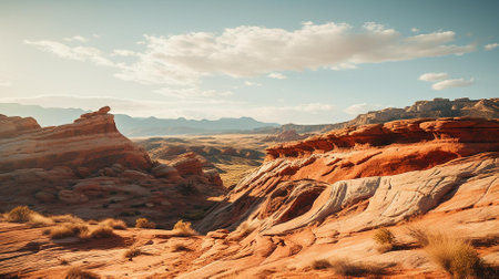 An awe-inspiring photograph, ideal for nature publications, travel brochures, or environmental awareness campaigns | This image is a breathtaking portrayal of geological artistry, capturing the warm hues and graceful curves of ancient sandstone formations bathed in the soft glow of the setting sun. The rich, red rock structures are a testament to the timeless sculpting forces of wind and water, their layers telling stories of Bygone eras. Set against a backdrop of distant mountains shrouded in mist, the scene delivers a sense of serene grandeur, with the earthy tones of the desert palette ranging from deep oranges to subtle mauves. The winding patterns and textured grooves on the rock surfaces draw the eye, leading one to ponder the natural history that shaped this rugged yet delicate landscape. Sparse vegetation dots the scene, the resilient desert flora giving hints of life in this otherwise seemingly forsaken territory. The interplay of light and shadow accentuates the depth and dimensionality of the land, creating a picturesque yet almost otherworldly vista | Perfect for illustrating articles on natural history, serving as the backdrop for inspirational quotes on resilience and time, or for enhancing the visual allure of travel guides to desert destinations. The peaceful yet dramatic ambiance of the image is well suited for wall art in spaces that aim to evoke a sense of escape and reflection. It can also function as an educational tool to discuss the geology and ecology of desert environments | a stunning landscape photo showing casing red sandstone formations against a mountainous horizon, enveloped by a warm, golden light that highlights the textures and colors of the desert, offering ample negative space for text or design elementsの素材