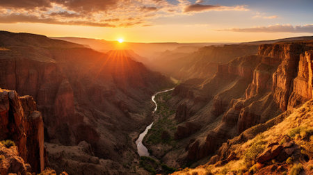 A mesmerizing image ideal for travel brochures, nature documentaries, or wall art for nature enthusiasts | This photograph presents an awe-inspiring view of the Grand Canyon bathed in the golden light of a setting sun, capturing the grandeur of one of nature's most magnificent creations. The sun's dying rays kiss the rugged edges of the canyon, painting the sky with warm hues of orange, red, and yellow, as a serene river meanders below. The rich textures of the ancient rock formations are enhanced by the interplay of light and shadow, emphasizing the immense scale and beauty of the landscape. This visual celebration of the natural world evokes a profound sense of wonder, highlighting the timeless elegance of the canyon which has been sculpted over millions of years. The inclusion of the river adds a dynamic element to the composition, drawing the viewer's eye through the image and providing a sense of the enduring life force that continues to shape this monumental terrain | Excellently suited for educational content focusing on geology, environmental science, or American landmarks, as well as promotional imagery for outdoor gear or travel destinations. This image could also complement editorial pieces on natural wonders or be a captivating backdrop in a meditation space, offering a moment of reflection to anyone who beholds it | a stunning photo of the Grand Canyon during sunset, showingcasing the dynamic interplay of light and shadows along with the varying colors of the sky, providing ample space for textual or graphical overlayの素材