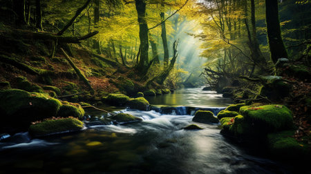 An ethereal image perfect for environmental publications, nature blogs, or as a serene screensaver option | This picture depicts a magical forest scene where a gentle stream meanders through moss-covered rocks and verdant trees. The sunlight pierces through the dense foliage, casting beams that illuminate the mist with ethereal grace. The lush green moss, clinging to rocks and tree branches, adds a soft texture that contrasts with the smooth, silky appearance of the flowing water. This harmonious blend of light and shadow, texture and movement, creates a feeling of tranquility and a deeper connection with nature. The subtle light diffraction and the autumn leaves scattered among the moss evoke a scene in a period of transition, capturing the essence of change within the timeless woods. The streaming water acts as a leading line, drawing the viewer's eye through the scene, suggesting a journey and the passage of time | This image is not only visually stunning but speaks to themes of natural beauty, conservation, and the importance of preserving such pristine environments. It could serve as an impactful backdrop for discussions on ecology, a peaceful visual for meditation and relaxation spaces, or as inspirational artwork symbolizing growth and the flow of life. Photographers, especially those specializing in landscapes, would appreciate the technical skill in capturing the dynamic range of this scene | a detailed photograph of a forest stream with sunbeams filtering through the trees, showing a blend of dynamic lighting and nature's textures, providing a calming effect perfect for various creative or editorial usesの素材