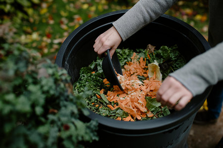 An insightful image well-suited for environmental blogs, instructional articles about composting, or promoting sustainable living practices | This photograph displays human hands actively engaged in the process of preparing compost, with a mixture of green and brown organic waste materials that include vegetable scraps, leaves, and shredded paper. The natural composition of the items signifies the environmentally conscious effort to reduce waste and recycle nutrients back into the soil. The person's hands, partially visible, wield a black composting tool, illustrating the personal involvement and effort that goes into this sustainable practice. The focus on the organic matter in the container draws attention to the texture and variety of the compostable materials, while the blurred background of fallen autumn leaves suggests the seasonality of the activity and completes this authentic snapshot of eco-friendly behavior. Sunlight softly illuminates the scene, accentuating the natural colors and lending a sense of warmth and growth that complements the theme of organic renewal | Perfect for use in educational or promotional materials to encourage eco-friendly waste management, as a teaching tool to demonstrate hands-on environmental stewardship, or as a vibrant illustration in discussions about gardening, permaculture, or zero-waste lifestyles. The image can also be applied to public awareness campaigns about sustainable living or used as an inspirational visual for workshops and seminars on creating and maintaining home compost systems | a close-up action shot of compost preparation with a focus on various compost ingredients and a composting tool, set against a softly blurred natural backdrop, providing visual depth and space for additional educational or promotional contentの素材