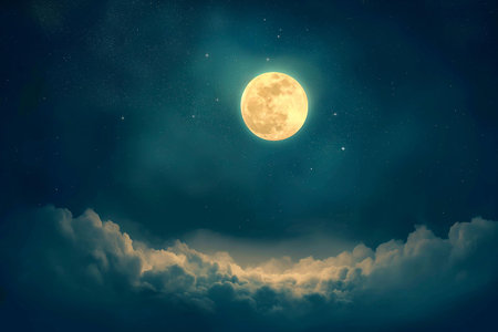 A celestial masterpiece suitable for educational content, astronomical publications, or as an enchanting background in various creative projects | This image encapsulates the wonder of the night sky with a luminous full moon dominating the frame. It emanates a soft, golden glow that gently illuminates the scattered cumulus clouds below, creating a dynamic contrast between the celestial glow and the terrestrial elements. The moon's textured surface, detailed with craters and seas, captivates the observer, drawing them into a lunar exploration from afar. Surrounding the moon, countless stars twinkle against the deep blue of the cosmic backdrop, enhancing the feeling of infinite space and the vastness of the universe. This scene is not only a visual treat but also an invitation to ponder the mysteries of the cosmos and humanity's place within it. The graduated tones from twilight blue to the dark expansion above represent the transition from earthly realms to the great beyond, adding depth and dimensionality to the composition | This versatile image is ideal for educational materials focusing on astronomy, as a compelling visual for storytelling in film and literature, or as a source of inspiration in art and meditation spaces. It would also be effective in advertising travel and adventure experiences, or as a backdrop for digital content requiring a touch of the ethereal and the majestic | a breathtaking photo of a full moon in a starry night sky, showcasing a beautiful interplay of light and darkness in a cosmic setting, perfect for layouts needing a striking celestial imageの素材