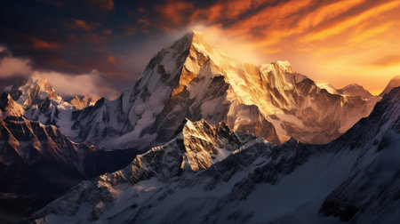 An awe-inspiring photograph that could easily grace the covers of travel magazines, adventure books, or nature-themed calendars | This image captures the raw, natural majesty of towering mountain peaks as they are bathed in the warm light of a sunset. The high dynamic range of the image embellishes the rugged texture of the snow-clad mountains, highlighting the contrasts between the sharp, dark ridges and the glowing golden hues reflecting off the snow and ice. The clouds are tinged with a fiery orange, complementing the cool blues and whites of the snow below, creating a yin-yang tapestry of warmth and cold. The composition draws the viewer's eye toward the highest peak, suggesting the aspirational heights of nature's grandeur, as well as personal ambitions to conquer such challenges. The convergence of light and shadow artfully divides the scene, symbolizing the balance between earth and sky, day and night, and the elemental forces that shape our world. The ethereal quality of the light gives a dreamlike atmosphere, inviting contemplation, inspiration, and reverence for the natural world | Highly suited for use in environmental campaigns, as a breathtaking backdrop in travel and tourism promotions, within articles exploring mountaineering or the wonders of nature, or as a symbol of ambition and achievement in motivational presentations. This image could also appeal to outdoor enthusiasts as a striking piece of wall art in homes or offices | a stunning landscape photograph showingcasing the splendor of alpine peaks during a vivid sunset, with dramatic interplay of light and shadow, ideal for a high-impact visual statementの素材