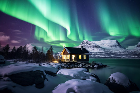 An inspiring visual feast, ideal for travel and nature publications, environmental articles, or as a stunning backdrop for creative inspiration and wellness content | This magnificent photograph showcases the ethereal beauty of the Northern Lights (Aurora Borealis) as they dance across a starlit sky. The vibrant emerald curtains of light create a breathtaking contrast against the deep blues and purples of the nocturnal heavens. Nestled in the serene landscape, a solitary cabin with warm, inviting lights stands out as a human refuge in the midst of the wilderness. The blanket of snow covering rocks and earth glows softly under the celestial display, adding a serene purity to the scene. The majestic mountain range in the distance, cloaked in the untouched snow, gives a sense of permanence and awe to the natural spectacle. This image is not just a testament to the wonders of the arctic circle but also encapsulates the solitude and tranquility one can find in such remote locations. It embodies the harmony between civilization and nature, a delicate balance of human presence and wild, untamed beauty | Perfect for use in inspirational material that encourages viewers to explore and preserve our natural world, for atmospheric imagery in meditation and mindfulness resources, or as an evocative piece in an art collector's portfolio. The surreal quality of the photograph makes it a powerful choice for eliciting wonder and wanderlust in marketing materials for travel agencies, or as an element in visual storytelling around themes of exploration, conservation, and the magic of the natural world | a stunning photograph capturing the quiet splendor of the Northern Lights over a snowy, mountainous landscape with a cozy cabin, which would serve as a dynamic background for text or graphics in various creative formatsの素材