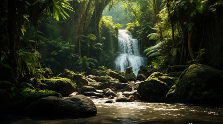 An enchanting visual piece that would enhance environmental publications, travel blogs, or wellness-focused media | Captured in this image is a tranquil waterfall nestled within a dense and verdant forest, its cascading waters a dynamic centerpiece amidst the stillness of nature. The play of light filtering through the treetops creates a magical atmosphere, highlighting the rich textures and a variety of green hues in the surrounding foliage. Moss-covered rocks at the forefront of the image suggest a sense of timelessness and harmony as they lead the eye toward the foaming basin below. The soft mist of the waterfall adds a layer of mystique and refreshment to the scene, evoking feelings of purity and rejuvenation. This setting is a testament to the untouched beauty of natural landscapes, inviting viewers to contemplate the simplicity and peace that wild places can offer | Ideal for spaces that aim to evoke calm and restorative feelings, such as spa lobbies, meditation studios, or as part of an atmospheric mood board for ecological projects. This image can also serve to amplify the message of conservation groups, illustrate the diversity of ecosystems in educational materials, or simply as a captivating background for relaxation and stress relief platforms | a highly detailed photograph showingcasing the soothing essence of a waterfall in a dense forest, illuminated by natural sunlight that emphasizes the lively yet serene qualities of the wilderness, with potential for digital enhancement or text overlayの素材