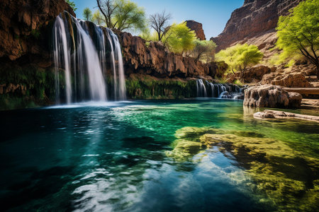 An image that is an embodiment of natural beauty, ideal for nature-related publications, travel brochures, environmental conservation materials, or wellness and meditation resources | This picture paints a breathtaking view of an oasis, where vibrant waterfalls pour into a serene pool, the water's azure hue radiating an otherworldly glow. The smooth, misty effect of the waterfall's motion contrasts starkly with the sharp, rough textures of the surrounding rocks and cliffs, evoking the harmonious coexistence of movement and stillness. Reflective waters capture the varied blues and greens of the landscape, adding depth and a sense of tranquility. Sunlight filters through the branches of flourishing green trees, dappling the scene with light and creating an interplay of shadow and brilliance that symbolizes hope and renewal. The rich colors and dynamic range give the image a vividness that can almost be felt, a testament to the wonders of the natural world | Highly suitable as a centerpiece in environmental campaigns or as an inspirational backdrop in wellness centers, this image can also be featured in travel guides encouraging ecotourism. Its peaceful, yet invigorating aura makes it a prime selection for office spaces to instill a calming presence, or for use at home to foster an atmosphere of natural serenity | an exquisite photograph of a waterfall and pool in a lush mountain setting, capturing the simultaneous beauty of the water's perpetual flow and the stoic grandeur of the cliffs under a radiant sky, inviting viewers to immerse themselves in the essence of a hidden paradiseの素材