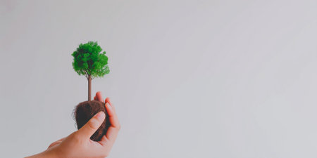An evocative image ideal for environmental campaigns, educational materials, or Earth Day promotions | This photograph presents the influential concept of human interaction with nature, emphasizing environmental stewardship and the nurturing of our planet. A human hand is visible, holding a small, verdant tree with a well-defined clump of soil and roots, signifying the care and connection we have with the natural world. The simplicity of the composition - a single tree against a blank, neutral background - draws attention to the subject, highlighting the global importance of planting trees and fostering growth. The contrasting textures between the smooth skin of the hand and the rugged complexity of the soil and roots underscore a narrative of sustainability and the human role in conservation. The abundance of negative space offers designers and editors flexibility, allowing for the inclusion of text or further graphical elements to enhance the message of the photo | Suitable for use in materials advocating for reforestation, conservation initiatives, or any ecological awareness content. It serves as a potent call to action, encouraging the viewer to consider their personal impact and could also be effectively used in educational settings to inspire younger generations about the importance of environmental care. Additionally, it's a powerful visual for businesses conveying their commitment to green practices | a well-composed image capturing the interplay between human influence and natural growth, with ample space for addition of messages, serving to convey themes such as environmental care, ecological awareness, personal responsibility, and hope for the futureの素材