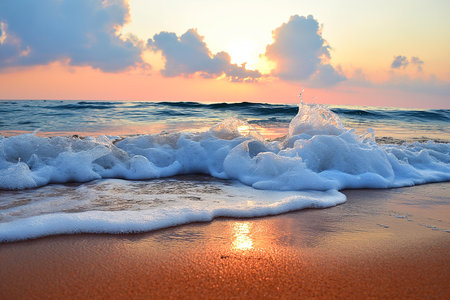 An enchanting image suitable for travel blogs, wellness retreats, or any narrative aiming to evoke a sense of peace and natural beauty | This photograph presents a serene sunrise over an expansive beach, where the first rays of the sun kiss the crests of gentle waves, imbuing the scene with a warm, amber glow. The foam of the breaking wave in the foreground, caught in a dynamic yet ephemeral dance, captures the transient beauty of nature's moments. The fine detail of the foam, paired with the smooth, wet sand reflecting the sunrise, highlights the textures and interplay of elements. The soft, pastel sky, painted with hues of pink and orange, transitions smoothly into the tranquil blue of the early morning sky, suggesting the calmness of the day's beginning. This landscape, unmarred by human presence, is a testament to the untouched aesthetics of the natural world | Perfectly suited for use in meditation and relaxation media, as a tranquil desktop background, or as a stunning visual in eco-travel promotion. Its calming influence makes it ideal for spaces designed to foster reflection and mindfulness, such as spas, yoga studios, or personal sanctuary rooms | a captivating photo of the seaside at sunrise, featuring the interplay of light and water, which sets a tranquil tone that promotes relaxation and reflection, with ample space that can be utilized for inspirational quotes or environmental conservation messagesの素材