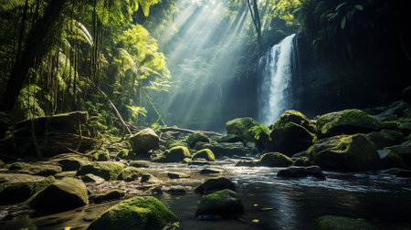 A breathtaking image encapsulating the majesty of nature, ideal for travel brochures, environmental conservation campaigns, or wall art | This image showcases a magnificent waterfall cascading into a serene river, surrounded by the verdant splendor of a dense forest. Rays of sunlight pierce through the canopy, creating a divine spotlight that enhances the ethereal beauty of the scene. Moss-covered rocks scattered throughout the riverbed and forest floor add to the primeval feel of the setting, inviting thoughts of untouched wilderness. The interplay of light and shadow, along with the mist rising from where the water meets the ground, offers a tangible sense of the waterfall's power and the tranquil harmony of its surroundings. The spectacle of nature's grandeur is captured in exceptional detail, making it almost possible to hear the soothing sounds of flowing water and feel the cool, misty air on one's skin | Ideal for creating a captivating feature in environmental education materials, as an inspirational backdrop in health and wellness spaces, or as a dynamic image in travel and nature photography collections. Could also be used by outdoor gear retailers for visual storytelling or by conservation organizations to highlight the beauty of natural habitats | a vibrant photo of a waterfall and river in a dense rainforest, bathed in natural light which illuminates the foliage and water, providing a dynamic range of textures and a serene yet powerful atmosphereの素材
