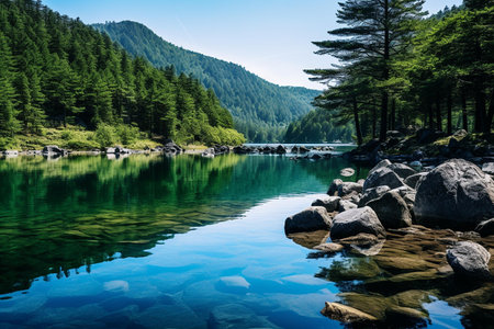 A serene photograph poised to grace nature magazines, environmental blogs, or travel brochures | This image exudes a sense of peace and natural beauty, showcasing a pristine mountain lake framed by lush, evergreen forests. The crystal-clear waters mirror the blue sky and the green hues of the trees, creating a vivid reflection that blends the boundaries between land and water. The arrangement of large, rounded boulders at the water's edge adds a textural contrast to the scene, their solid forms anchoring the composition and leading the viewer's eye into the calm expanse of the lake. The depth of the scene is accentuated by the visible underwater rocks near the shore, gradually disappearing into the darkness of deeper water, illustrative of nature's layered complexity. The stillness of the water and the absence of human activity evoke a sense of untouched wilderness, a retreat from the hustle and bustle of modern life. Natural lighting enhances the vibrancy of the setting, highlighting the varied shades of green foliage and the purity of the lake's water | Perfect for environmental campaigns emphasizing conservation, as visual content for meditation and mindfulness resources, or as a captivating landscape for travel and adventure stories. Suitable for interior design themes that aim to bring the tranquility of nature indoors, or for outdoor enthusiasts seeking inspiration for their next expedition | a high-resolution landscape photograph capturing the quiet beauty of a mountain lake with reflections of forests and sky, presenting a harmonious blend of stillness, clarity, and natural vibrancy under bright daylight, offering space for text or graphical elementsの素材