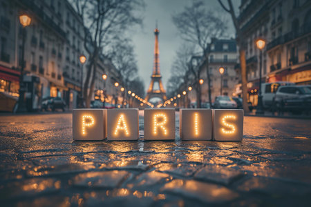 An evocative cityscape perfect for travel blogs, romantic literature, or cultural-themed brochures | This captivating photo instills the timeless allure and romanticism associated with Paris, France. Set against a dusky, rain-kissed street, the illuminated "PARIS" sign beams with a cozy warmth that pierces through the twilight ambiance. The iconic Eiffel Tower rises majestically in the background, blurred just enough to beautifully frame and accentuate the glowing letters in the foreground that spell out the city's name. The wet cobblestone pavement gleams under the city lights, reflecting each illuminated letter, and enhancing the atmospheric mood of the Parisian evening. This serene, yet vibrant moment captures the essence of Paris as a beacon of culture, love, and history | Ideally suitable for displaying in travel agencies, augmenting articles on European destinations, or for setting a dreamy mood in a Paris-themed event. The visual symmetry and balance make it a captivating background for desktop wallpapers or mobile themes for those charmed by the City of Lights. Additionally, this image could elegantly advertise French language courses or events celebrating French culture | A hypnotic photograph that offers a balanced composition of light and architecture under a dusky sky, providing a vivid contrast and ample space for text overlays or graphical elementsの素材