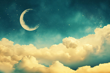 An inspiring composition ideal for artwork, meditation spaces, or celestial-themed publications | The image commands attention as it artfully blends the day and night, with a detailed and textured crescent moon gracefully suspended in a teal night sky speckled with stars. Below, the rich golden hue of cumulus clouds at what seems like dusk adds warmth to the scene, hinting at the fading light of sunset. This juxtaposition creates a dreamlike quality, evoking a sense of wonder and the infinite possibilities of the cosmos. The stars, softly focused, add a layer of depth to the scene, suggesting the vastness of the universe beyond. The contrasting elements of celestial and earthly, combined with a serene color palette, invite the observer into a tranquil state of reflection | Perfect for enhancing the atmosphere in a room as wall art, providing a backdrop for creative storytelling in literature or film, or serving as a thought-provoking cover for books dealing with themes of cosmology, philosophy, or fantasy. It could also be featured in design and dÃ©cor magazines that aim to bring a sense of calm and inspiration into interior spaces | a tranquil and surreal depiction of a crescent moon among the stars with golden clouds, infusing a mystical aura into the composition with soft transitions between night sky and sunset, offering a canvas for imagination and introspectionの素材