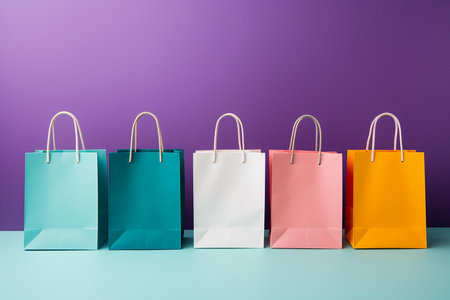 An illustrative image that would effectively complement retail and commerce-related content, as well as discussions on consumer habits or marketing strategies | This image showcases a neat row of vibrant shopping bags lined up against a striking purple and turquoise backdrop, creating a visual metaphor for variety and choice in consumer products. Each bag, with its uniform shape and distinct hue, from teal to deep green, white, pink, and vivid orange, stands out sharply, inviting the viewer to consider the contents these bags might hold. The handles, made of a naturalistic twisted rope material, suggest eco-friendliness and a tactile, quality experience. The simple yet stylish setup speaks of minimalism and modernity, with the polished surface reflecting the bases of the bags, providing a sense of depth and dimensionality. The dual-toned background offers a contemporary vibe and delineates a crisp horizon line, emphasizing the clean, geometric arrangement of the bags. The lighting in the image casts soft shadows that lend texture and a sense of realism to the otherwise immaculate composition | Ideal for use in advertising campaigns for shopping centers or online marketplaces, it could also serve to illustrate editorial content on the psychology of shopping or the impact of color in consumer choice. The image, thanks to its space for copy and striking simplicity, can be utilized in graphic design projects, creating a compelling backdrop for promotional discounts, seasonal sales, or brand announcements. Additionally, it could serve as a visually pleasing addition to articles focused on sustainable packaging alternatives or the retail industry's aesthetic trends | a neat and clean composition featuring a lineup of colorful shopping bags on a reflective surface with a contrasting background that symbolizes diversity in shopping and the allure of the retail experienceの素材