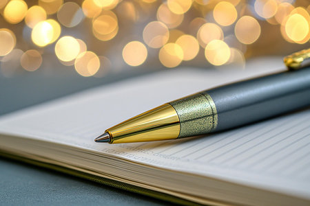 An exemplary image ideal for brand marketing, office supply promotion, or literary themes | The photograph features a close-up of an elegant ballpoint pen resting on the lined pages of an open notebook, poised for writing. The pen, with its gold and textured accents, exudes a sense of luxury and professionalism. Its metallic sheen is captured with precision, reflecting a meticulous design suited for those who appreciate fine details in their writing instruments. The notebook's lined paper invites thoughts of organization, planning, and the flow of ideas waiting to be penned. In the background, soft bokeh lights create a warm, inviting atmosphere that contrasts with the sharpness of the pen, lending a creative and soft ambiance to the composition. This juxtaposition of focus highlights the readiness for productivity and inspiration | A fantastic choice for advertising campaigns for high-end stationery lines, as visual support in articles discussing the art of journaling or note-taking, and also serves as an inspiring desktop wallpaper for writers and professionals. The image's blend of sophistication and accessibility makes it a versatile piece for a broad range of applications, from corporate brochures to educational resources | an intimate photo of a ballpoint pen lying on an open lined notebook, surrounded by a blurred background of golden lights that provides a harmonious contrast and conveys a sense of anticipation of the creative process, with room for copy or design elementsの素材