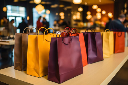 An exquisite image ideal for retail industry publications, design blogs, or marketing collateral for shopping malls and boutiques | This photograph presents an array of sophisticated shopping bags aligned neatly on a counter, their vibrant colors ranging from warm golden yellow to deep plum. The luxury bags boast a matte finish with subtle sheen, invoking a sense of high-end merchandise and the pleasure of retail therapy. Each bag is crafted with sharp, clean lines and adorned with matching colored handles, suggesting a uniform standard of quality and style. Positioned against the soft-focus backdrop of a chic store with ambient lighting and bustling shoppers, the bags become the sharp center of interest, representing the allure of consumer culture and the joy of purchase. The lighting striking the bags creates a gentle gradient of shadows, adding depth to the colors and a three-dimensional feel to the image | Perfect for advertising material showcasing the appeal of shopping, articles about consumer trends, or as visual inspiration in the creation of brand packaging. Additionally, this image could serve as an evocative backdrop for social media posts or window displays aimed at attracting fashion-savvy shoppers | a captivating photo of neatly arranged colored shopping bags on a store counter, embodying the elegance and excitement of shopping in an upscale retail environment, with soft-focus bokeh that adds to the premium quality atmosphere, inviting room for text or logosの素材
