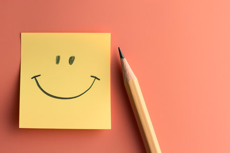 A delightful visual suitable for articles on positive psychology, stationery branding, or educational materials on communication and expression | This simple yet powerful image features a classic yellow sticky note attached to a salmon-pink background, with a hand-drawn smiley face that instantly conveys a mood of happiness and positivity. The smiley face, drawn with what appears to be a pencil, gives a personal touch and contrasts with the minimalistic and clean setup. Sharp focus on the note and pencil tip highlights the tactile quality of the paper and the potential of the pencil as a tool for expression. The shadow cast by the sticky note adds depth to the composition, while the uniformity of the colorful backdrop provides a soothing contrast that accentuates the note's message. The photograph encapsulates the essence of joyful communication, suggesting themes of friendliness, encouragement, and simple gestures making a significant impact | This image is well-suited for use in motivational blog posts, as a cheerful addition to office or classroom dÃ©cor, or as part of a presentation on effective and positive communication strategies. It can serve as a light-hearted element in marketing materials for stationery or as an uplifting graphic in various creative projects, bringing an air of lightheartedness and approachability | a clear and crisp photograph of a yellow sticky note with a hand-drawn smiley face, accompanied by a sharpened pencil on a one-tone backdrop, evoking feelings of joy and simplicity with ample negative space for text or design elementsの素材