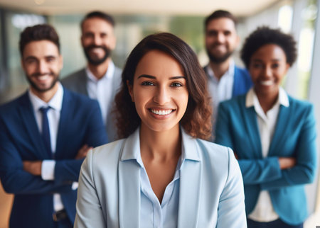 An exemplary image suitable for corporate brochures, team-building content, or professional service advertisements | This photograph portrays a group of five diverse professionals standing with poise, exuding confidence, teamwork, and a shared vision of success. The central figure, a woman with a welcoming smile, is in sharp focus. She stands at the forefront, representing leadership and approachability. Her business attraction is crisp and professional, while her colleagues, blurred in the background, provide a sense of depth and solidarity. The men and women are dressed in smart business suits, symbols of their commitment and the professional environment they represent. The soft, diffused lighting casts no harsh shadows, echoing the supportive and inclusive atmosphere of a modern workplace. The shallow depth of field highlights the woman in the front, drawing the viewer's attention to her engaging eyes, and suggests she could be the team leader or the face of the company, signaling trust and reliability | Ideal for corporate branding that wishes to project an image of diversity, unity and professional excellence, as an inspirational backdrop for discussions on leadership and career development, or as part of a narrative on contemporary business practices and team dynamics. Additionally, the image can be utilized to illustrate concepts in human resources-related material or as a portrayal of the modern workforce in training manuals and recruitment campaigns | a polished photo capturing the dynamic of a confident business team within a professional setting, focusing on the central female member while offering a glimpse of her supportive colleagues in the out-of-focus backdrop, bathed in inviting light that underscores their professional unity and determinationの素材