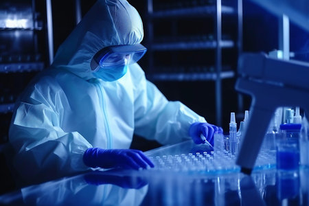 A powerful image that encapsulates the essence of scientific research, ideal for academic journals, educational textbooks, or medical industry publications | This compelling photograph showcases a researcher in a state-of-the-art laboratory, deeply engaged in their critical work. The scientist is adorned with personal protective equipment (PPE), including a full-body suit, face shield, and gloves â symbols of the stringent safety standards and cleanliness required in modern lab environments. The blue tones dominating the scene create a cool, clinical feel, underscoring the precision and seriousness of the work being conducted. Ambient lighting accents the array of vials and laboratory equipment, highlighting the meticulous processes involved in scientific experiments. The researcher's posture and focused gaze on the task at hand convey an intense concentration and dedication to discovery and innovation. The selective focus blurs the background and foreground, ensuring the individual's actions remain at the center of attention, drawing the viewer into the moment of intricate experimentation | This image is highly suitable for use in scientific or educational content to illustrate the dedication and complexity of laboratory work. It could also be a visually striking addition to promotional materials for laboratory equipment manufacturers, or act as a thought-provoking element in discussions about medical research, technological advancements, and their critical role in society. The visually engaging composition could equally be used as artwork within scientific institutions or as a feature in awareness campaigns related to health and safety in research settings | a detailed photograph capturing a scientist working with test tubes in a laboratory, surrounded by technologically advanced equipment and enhanced by precise lighting, symbolizing innovation, hygiene, and scientific progress, with ample negative space for text additionsの素材