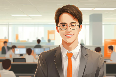 An ideal portrayal for corporate branding, professional development articles, or educational material about young entrepreneurs | This illustration presents a young man in professional attire, standing confidently with a warm, approachable smile. He exudes a sense of ambition and readiness, rendered in a vibrant, eye-catching style that merges realism with a touch of animation. His attire, a neatly tailored suit with a crisp white shirt and a bold orange tie, conveys both formality and approachability. The background offers a glimpse into a bustling office environment, with colleagues actively engaged in their work, implying a collaborative and industrious atmosphere. The use of soft focus blurs the background, ensuring the young man remains the focal point while also hinting at the dynamic nature of modern office life. The illustrative quality renders textures smoothly and imbues the scene with a clean and friendly vibe that is often sought after in professional settings. Sunlight appears to filter through the space, casting a gentle glow and creating an environment that seems both energetic and optimistic | This image is perfect for use in business-related publications, recruitment brochures, networking event materials, and ads for career-building services. It can serve as an inspirational visual for articles on leadership, teamwork, or startup culture, as well as be used in academic settings to encourage students entering the business world. Additionally, it could be fitting as part of a company's website design or in office dÃ©cor to promote a positive corporate image | a stylized illustration of a young man in a business suit with a background depicting an office scenario, emphasizing themes of professionalism, confidence, and the bustling rhythm of corporate life. The image is characterized by its blend of animated and realistic elements, drawing focus to the central figure while providing a narrative of workplace collaboration and energyの素材