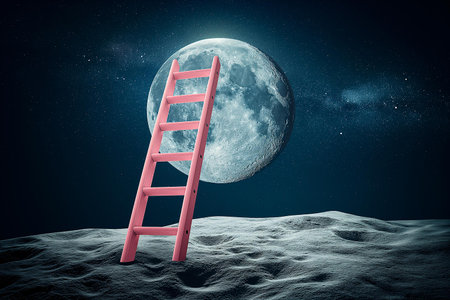 An inspirational image suited for editorial use in science fiction literature, astronomy publications, or motivational and aspirational content | This composite image stirs the imagination, featuring a pastel pink ladder resting on a barren, moon-like surface that reaches up towards a large, detailed moon against a star-studded dark blue sky. The moon, beautifully textured with craters and basins, becomes a tantalizing destination just out of reach, symbolizing lofty dreams and aspirations. The sandy-gray terrain of the lunar landscape below is rendered with a sense of depth and desolation, reinforcing the solitude of space. The contrast of the whimsically colored ladder against the monochrome-like celestial backdrop adds an element of surrealism and highlights human ambition to explore the unknown. The use of lighting creates a sense of mystery and otherworldliness, inviting viewers to contemplate the vastness of space and the potential of human endeavor. The stars add a touch of sparkle to the scene, further enhancing its ethereal quality | This image could effectively grace the cover of a book, illustrate the concept of reaching for the stars, or serve as metaphoric artwork for discussions about space exploration, goal setting, or overcoming challenges. It can also act as a captivating visual for educational materials about space or as a thoughtful piece of art to encourage contemplation in workspaces and personal environments | A stunning visual metaphor of ambition and exploration portrayed through a ladder ascending to the moon, set in a convincing lunar terrain under a cosmic sky that captures the grandeur of space and humanity's adventurous spiritの素材