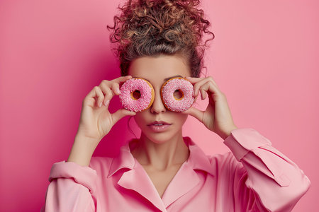 A creative and engaging photograph ideal for lifestyle blogs, fashion magazines, or marketing campaigns focused on youth and vitality | The image presents a whimsical take on playful indulgence, featuring a young woman holding two pink-glazed donuts in front of her eyes. She strikes a lighthearted pose against a monochromatic pink background, which complements her satin-like blouse of the same hue, exuding a sense of fun and youthfulness. The donuts serve as both quirky eyewear and a symbol of sweet temptation, enhanced by the sprinkles that add texture and a lively contrast. Her impeccably styled hair adds a touch of elegance and sophistication, balanced by the casual nature of the pose suggesting a spontaneous and joyful moment. The subject's hidden gaze adds an air of mystery and engagement, enticing viewers to take a closer look. The overall composition is meticulously curated to create an aesthetic that is both vibrant and stylish, emphasizing the interplay of color, texture, and form | This image is well-suited for content promoting enjoyment and the lighter side of life, illustrating articles on treats and cheat days, or for fashion editorials exploring bold color matching and accessories. It can also function as a unique visual for advertising campaigns for bakeries, dessert brands, or clothing lines targeting a youthful audience. Additionally, the photograph could be used as a distinctive feature in interior design spaces that favor playful and striking art | a simplified yet captivating picture of a woman using two frosted donuts as makeshift glasses against a solid pink backdrop, which highlights a spirited and trendy vibe fitting for both editorial and commercial use, with sufficient negative space for copy if neededの素材