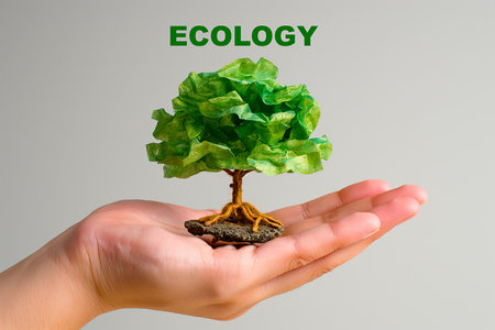 An evocative photograph that effectively conveys environmental awareness and sustainability, ideal for educational resources, eco-friendly product advertising, or conservation campaigns | This image illustrates the powerful concept of human responsibility towards nature, with the focal point being a hand cradling a delicate, miniature tree crafted from green leaves. The leaves are vibrant and full of life, chosen for their lush color and texture, which denotes health and vitality. Notably, the tree's trunk and root system are creatively represented by what appears to be a piece of actual bark with intricate root details, emphasizing the fundamental connection between plants and the earth. The clear background ensures that all attention is on the subject, reinforcing the idea of ecology and personal commitment to environmental care. The word "ECOLOGY" in bold, green lettering at the top reinforces the theme and purpose of the image. The concept effortlessly merges human intention with natural elements, suggesting a symbiotic relationship and an urgent need for protective stewardship | Suitable for a wide array of applications including educational material highlighting the importance of trees and conservation efforts, marketing collateral for organizations promoting greener living, or as a symbolic representation in articles discussing deforestation and reforestation. The image can also serve as a thought-provoking visual for social media platforms focusing on individual actions contributing to global ecological balance or as inspirational imagery within public spaces and workshops dedicated to promoting a sustainable lifestyle | a creative photo depicting a hand holding a tree made of green leaves, symbolizing human care for the environment against a neutral backdrop with a clear ecological message conveyed through both visual and textual elements, providing ample opportunity for message enhancement through additional text or designの素材