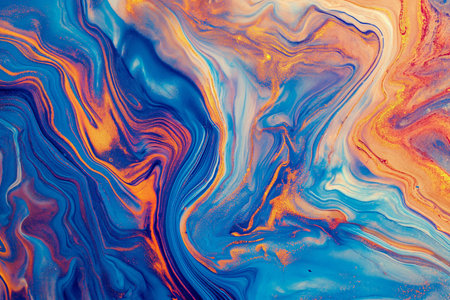 An enticing illustration perfect for art galleries, creative studios, or as a vibrant desktop wallpaper | This image is a stunning composition of fluid art, featuring an intricate dance of swirling colors. The blend of vibrant blues and fiery oranges creates a visual spectacle reminiscent of celestial wonders or deep ocean mysteries. The fluidity of the patterns exudes a sense of movement, as if the colors themselves are alive and in motion. The high-resolution of the image captures the subtle interplay of hues and the glossy sheen of the paint, indicating a sleek and polished finish. The electric blues paired with the warm oranges and reds suggest a harmonious contrast, symbolizing the unity of opposing elementsâcoolness and warmth, depth and surface. Subtle specks of white add a dimensional quality, hinting at distant stars or frothy sea foam. This abstract portrayal is not only an explosion of color but also an invitation to personal interpretation and emotional connection | Excellently suited for creative inspiration, this image can reignite the imagination in artist workshops, serve as a stunning backdrop for digital design projects, or enhance the aesthetics of any space that celebrates artistry and innovation. The mesmerizing patterns can also be a compelling feature in print designs, album covers, or marketing materials aimed at invoking creativity and wonder | an extravagant display of fluid paint patterns in a rich array of blues and oranges, with a glossy finish under well-lit conditions that emphasize the dynamic blend of colors, offering ample space for creative applicationsの素材