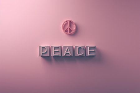 A polished composition suitable for discussions on harmony, wellness, or campaigns promoting tranquility and non-violence | This image presents a three-dimensional peace symbol above the text "PEACE," set against a uniform pastel background. The calm hue provides a soothing canvas that evokes feelings of serenity and calmness, resonating with the very essence of the depicted word and symbol. The peace sign, rendered in a subtle, lustrous finish stands prominently, yet harmoniously, with shadows that give depth and dimensionality to the iconography. Below, the letters of the word "PEACE" emerge with tangible volume and clean lines, casting shadows that reinforce their presence and the weight of the message they convey. The spacing and uniform alignment of the elements lend an air of simplicity and elegance, mirroring the minimalist aesthetic that often accompanies contemporary discussions of peace and conflict resolution. Such simplicity amplifies the powerful message of peace, allowing viewers to reflect on the concept without distraction | This image is fitting for editorial content in magazines or websites focusing on mental health, social issues, or spiritual well-being. It can equally serve as a calming visual element for public spaces aiming to invoke a restful ambiance, or as a graphic in educational materials about peace studies. The uncluttered nature of the composition makes it appropriate for use as a backdrop for quotes or as part of visual storytelling in peace advocacy or mindfulness practice. In addition, it could find use in branding for organizations and events that align with the virtues of peace and community | a clean and minimalist image featuring the peace symbol and the word "PEACE" in a subdued, hospitable setting, rendered with a 3D effect on a pastel background that induces contemplation and underscores the importance of the concept through visual simplicityの素材