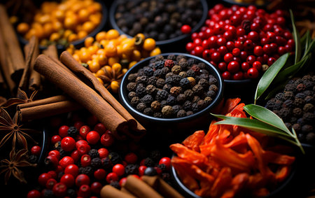 An enticing composition ideal for cookbooks, culinary blogs, or marketing materials for gourmet stores | This image is a feast for the senses, presenting a variety of spices and seasonings with rich colors and textures that captivate the viewer's attention. Central to the frame is a bowl brimming with black peppercorns, their wrinkled surfaces catching the light, surrounded by vivid red berries and other spice bowls. The caramel tones of cinnamon sticks intermingle with the star anise's dark points and the shiny, plump berries, creating depth and a tapestry of natural aromatics. Each element is sharply captured, emphasizing the individual characteristics of the spices while harmonizing them into a symphony of potential flavors. The assortment suggests a world of culinary possibilities, from exotic dishes to comfort foods, symbolizing the global influence in cooking and the alchemy of flavors chefs wield. Intimate, warm lighting enhances the textures, making the scene inviting, as if one could reach out and sample these ingredients | Perfect for enhancing articles on world cuisine, in culinary instructional content, or in advertisements for kitchen equipment and cooking classes. Additionally, it makes an appealing visual touchpoint for discussions about organic produce, health benefits of spices, and cultural traditions in gastronomy. It can also serve to warm up the atmosphere as a decorative piece in dining establishments or spice shops | a close-up photo of assorted spices in the bowls with varied hues and organic shapes, casting a sensory allure and a cosmopolitan feel, while high-quality lighting accentuates the rich colors and tactile appeal, offering space for overlaying text or other design elementsの素材