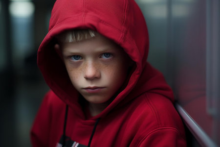 A striking visual piece suitable for discussions about youth, contemporary childhood issues, or urban fashion trends | This image showcases a young boy, his clear blue eyes gazing directly at the viewer, creating an immediate and powerful connection. Cloaked in a vibrant red hoodie that envelops his head and frames his face, the boy exudes an air of contemplative seriousness beyond his years. The photograph is rich with texture, from the soft weave of the fabric to the boy's delicate freckles scattered across his cheeks â all captured with remarkable clarity. The depth of field is shallow, artistically blurring the background and allowing the subject to dominate the frame with an intensity that is both captivating and slightly enigmatic. The muted tones and soft shadows around him suggest an urban setting, perhaps symbolizing the complexity and solitude that can accompany modern childhood | This image is well-suited for editorial use in publications addressing youth culture, psychological development, or for use in advertising campaigns targeting a youthful demographic. It also has potential for educational materials focused on emotional intelligence in children, as well as social commentary artworks. Additionally, it could make a compelling addition to a photographic portfolio or exhibition exploring human expressions or the concept of individuality among young people | a profound close-up photo of a young boy in a red hoodie, highlighting his striking eyes and expressive face, set against a blurred background which draws the viewer's focus, offering space for textual or graphical overlayの素材