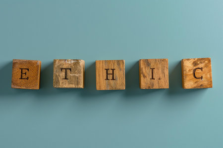 An insightful photograph suitable for discussions on moral principles, corporate culture, or educational materials about ethical conduct | The image presents a series of five wooden blocks in a straight line, each featuring a single, capital letter. Together, they spell out the word "ETHIC". The wooden texture of the blocks, with their varied grain and natural imperfections, convey a sense of timeless reliability and foundational strength, synonymous with the unwavering nature of ethics in society and business. The bold, black characters are carved into the wood, emphasizing the concept that ethics should be deeply ingrained in practices and behaviors. The blocks are evenly spaced on a smooth, matte blue background, which provides a calm and contemplative space that allows the message to stand out clearly, invoking a feeling of trust and integrity. The lighting casts a soft shadow beneath each block, adding depth to the photograph and subtly suggesting the weight of ethical decisions | Ideal for incorporation into instructional designs, particularly in educational textbooks or business seminars about personal integrity and ethical decision-making. The photograph also serves as a compelling visual aid for branding materials of organizations that prioritize ethical standards, illustrating commitment to moral excellence. The image can be used in articles discussing ethical dilemmas, blog posts about leadership virtues, or as a potent symbol in corporate social responsibility campaigns | a thought-provoking photo of wooden letter blocks spelling "ETHIC" on a serene blue backdrop, indicating the theme of morality and values in a simple yet profound manner with space for additional contextual elementsの素材
