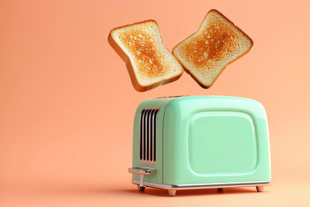 A playful and creatively composed image well-suited for kitchen appliance promotions, culinary magazines, or home decor inspiration | This photograph presents a whimsically timed scene where two slices of golden-brown toast are captured in mid-air, seemingly ejected from a retro-style mint green toaster. The perfectly toasted bread, with its crispy edges and warm, inviting color, evokes a sense of homely comfort and satisfaction. The toaster itself, with its smooth curves and shiny chrome accents, harks back to a vintage era of design, blending nostalgia with modern minimalist aesthetics. The simplicity of the scene, set against a soft peach background, ensures that the viewer's focus is entirely on the airborne toast and the charming appliance, embodying an everyday kitchen occurrence transformed into a moment of suspended animation. The lighting is evenly diffused, casting soft shadows and enhancing the textures and contours of the bread and toaster without harsh contrasts, contributing to the overall clean and cozy ambiance | Excellently fitting for advertising kitchenware, this image could also accompany articles on breakfast rituals, serve as a lighthearted visual metaphor in lifestyle discussions about "popping up" opportunities or "the start of a new day," or add warmth to any kitchen environment when framed . Additionally, it could be utilized in a tongue-in-cheek context for social media content or as a vibrant visual for recipe blogs focusing on simple pleasures and the art of toast-making | a well-lit and sharply focused photo of toasted bread levitating above a mint green toaster, set against a calm pastel backdrop, offering a cheerful depiction of morning routine and food preparation with space suitable for overlaying text or graphicsの素材